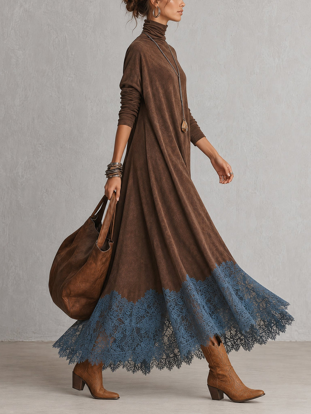 Women’s Vintage Brown Long Sleeve Maxi Dress