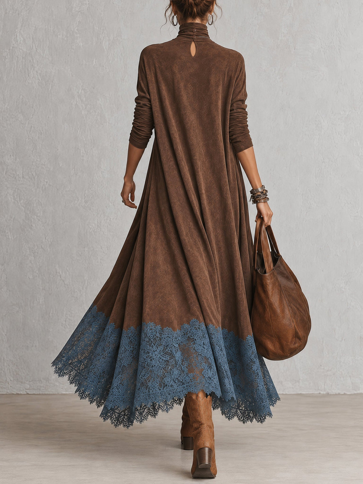 Women’s Vintage Brown Long Sleeve Maxi Dress