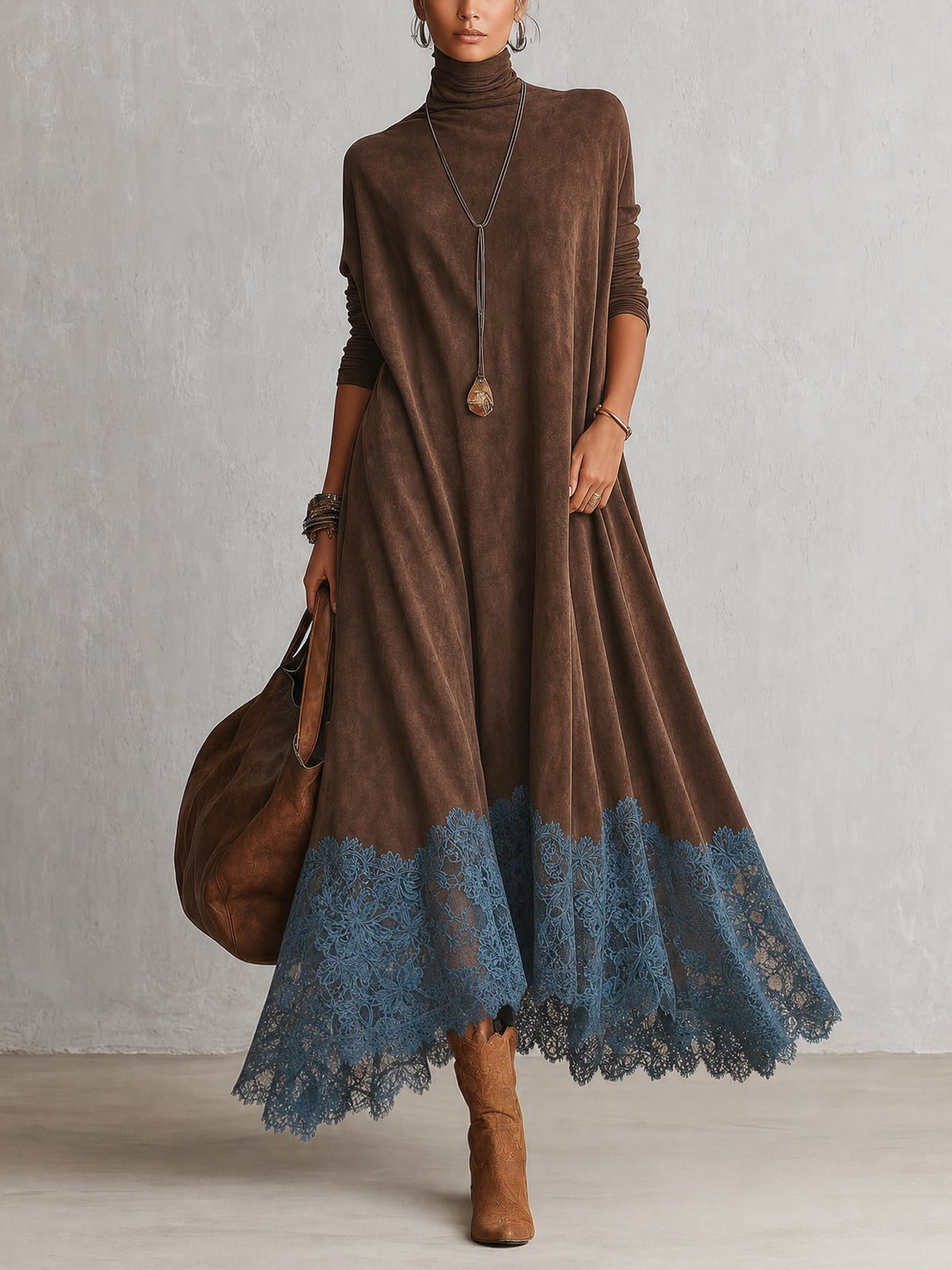 Women’s Vintage Brown Long Sleeve Maxi Dress