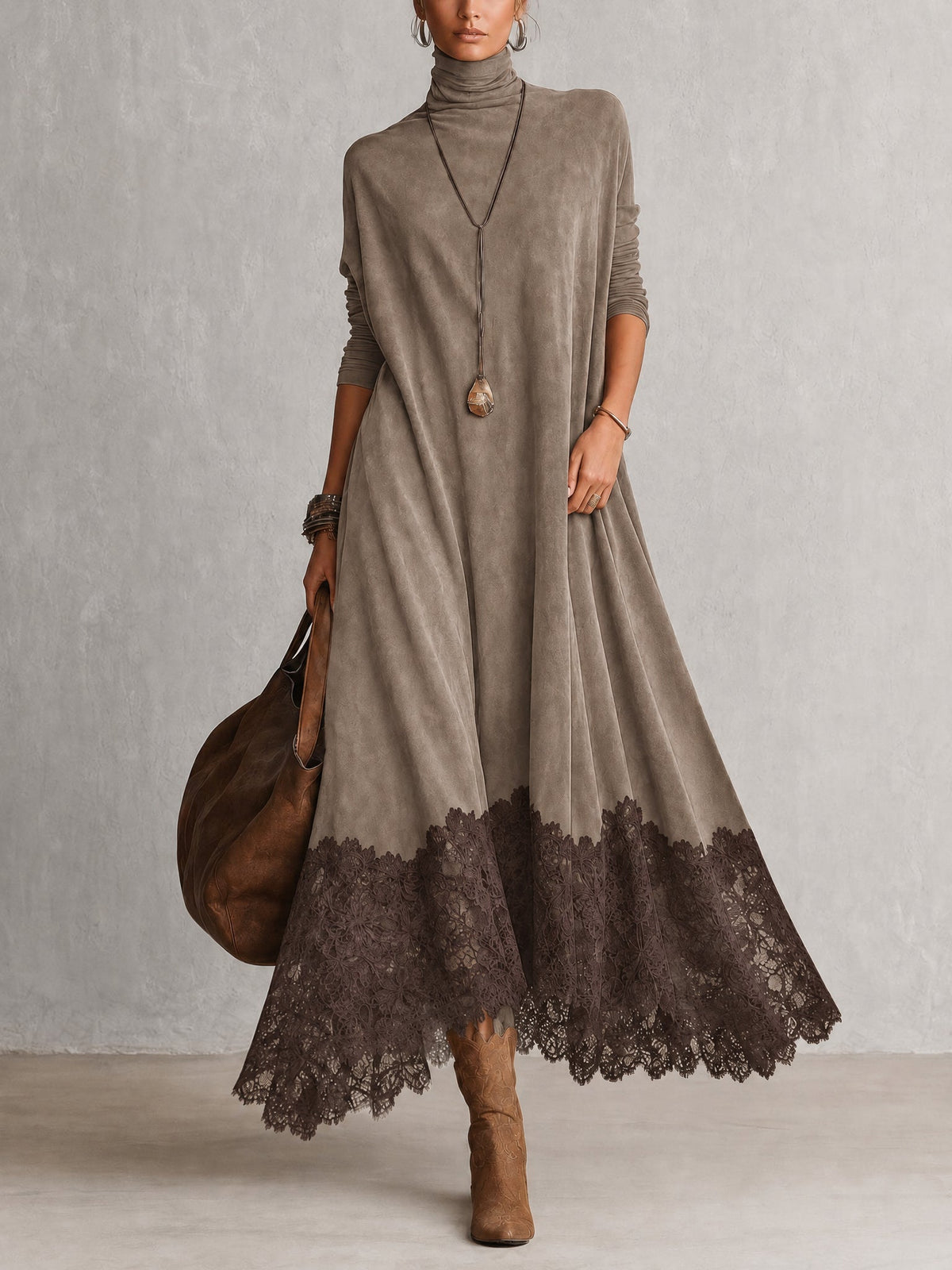 Women’s Vintage Brown Long Sleeve Maxi Dress