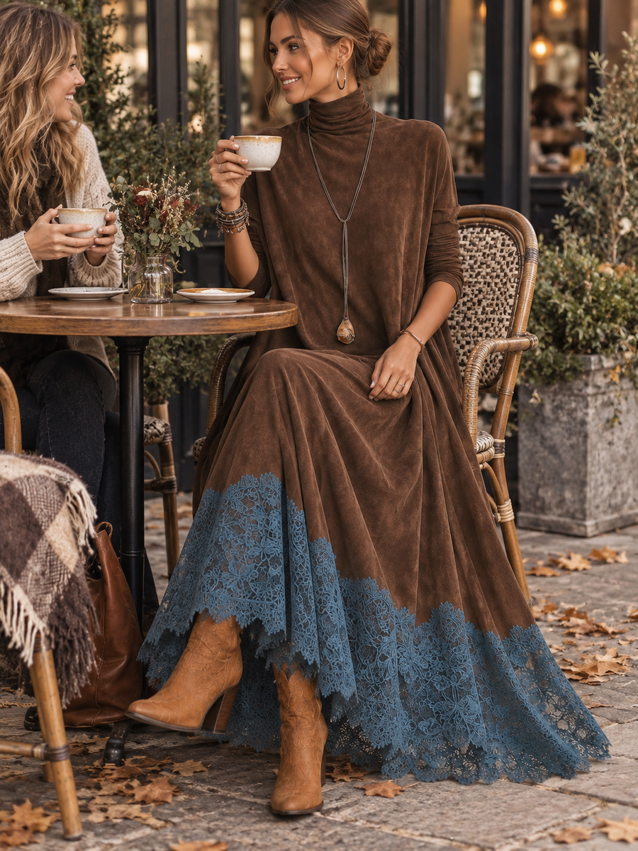 Women’s Vintage Brown Long Sleeve Maxi Dress