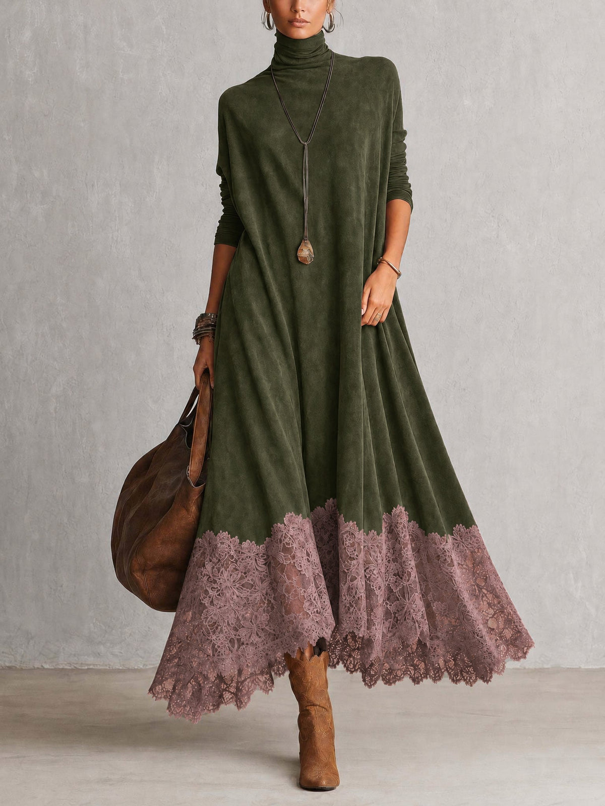 Women’s Vintage Brown Long Sleeve Maxi Dress