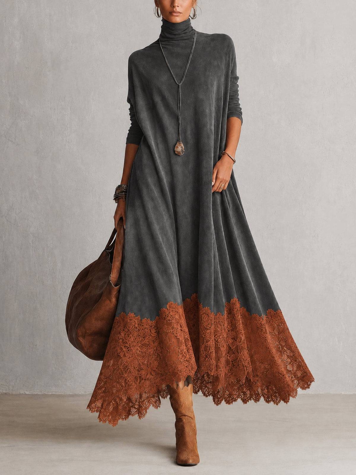 Women’s Vintage Brown Long Sleeve Maxi Dress