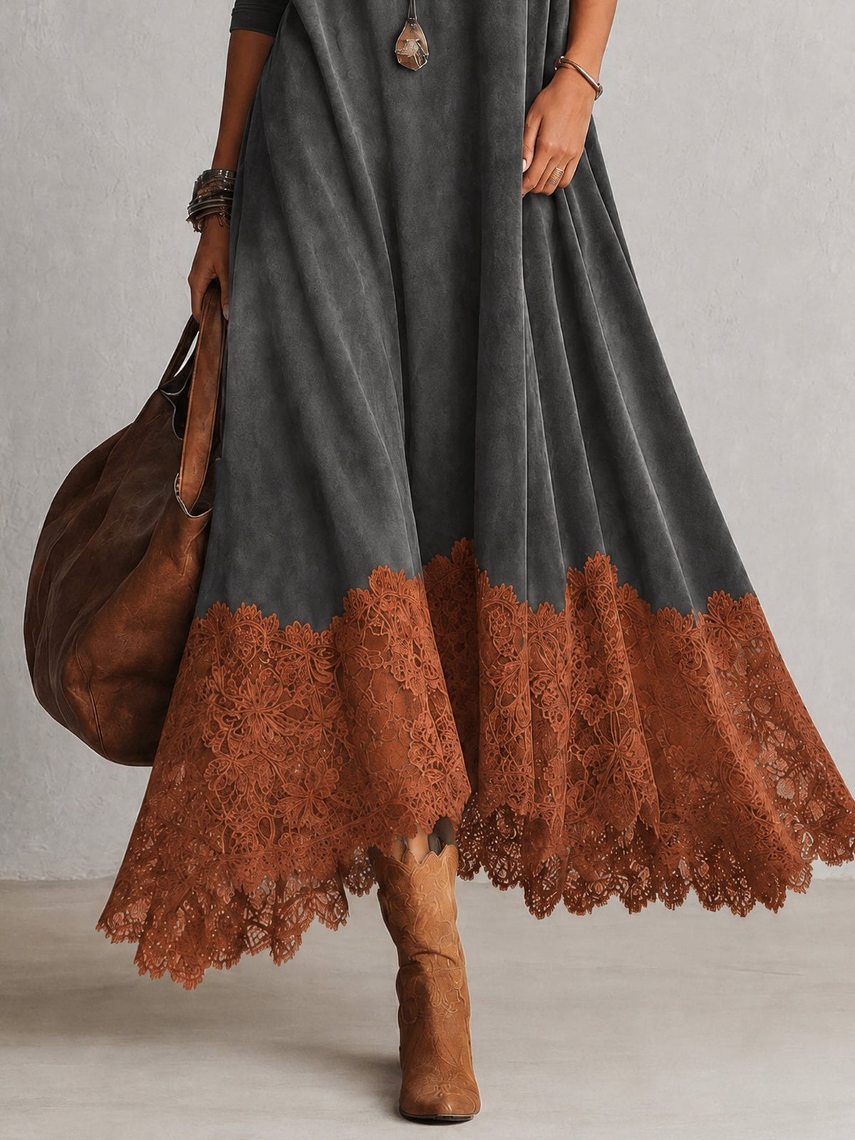Women’s Vintage Brown Long Sleeve Maxi Dress