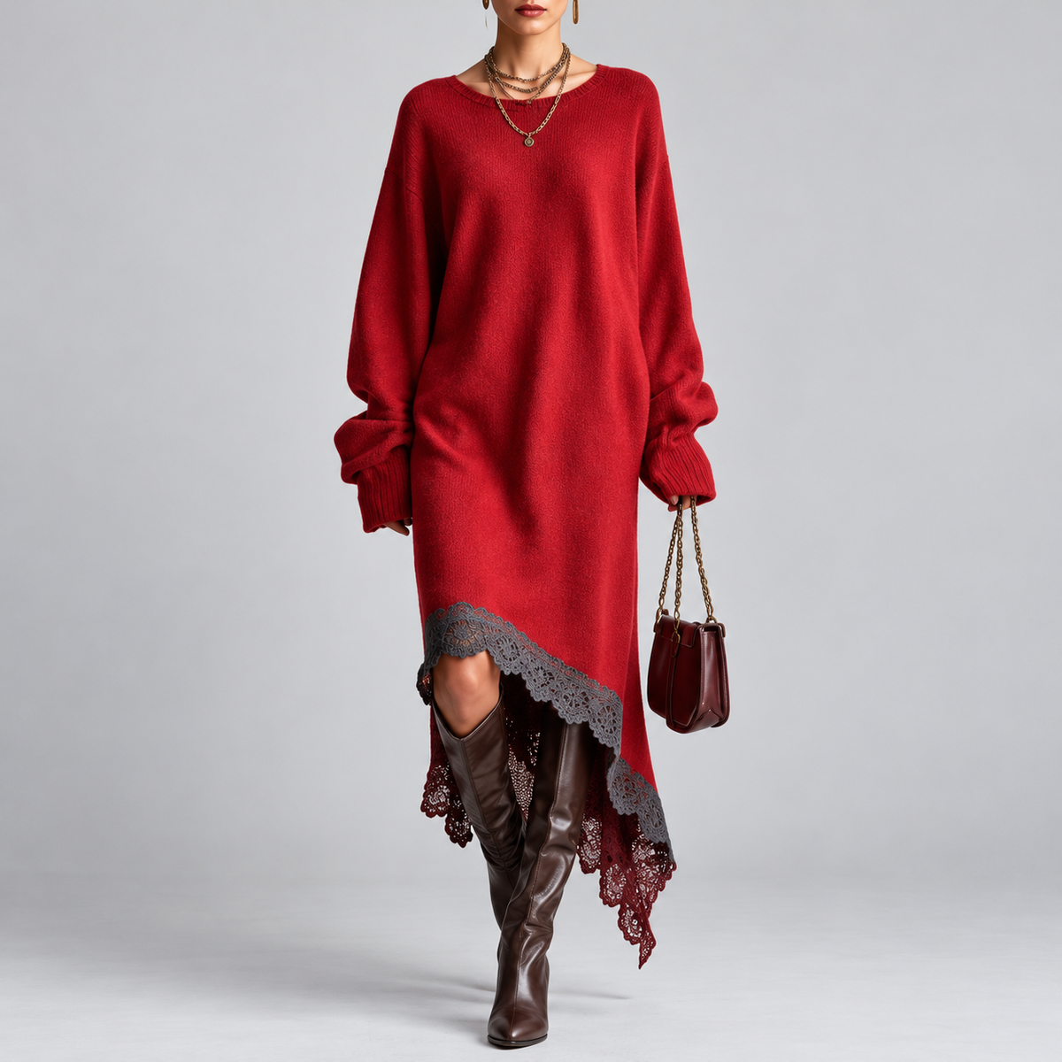 Carly™ | Cozy Oversized Lace Hem Dress