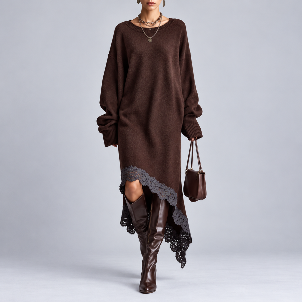 Carly™ | Cozy Oversized Lace Hem Dress