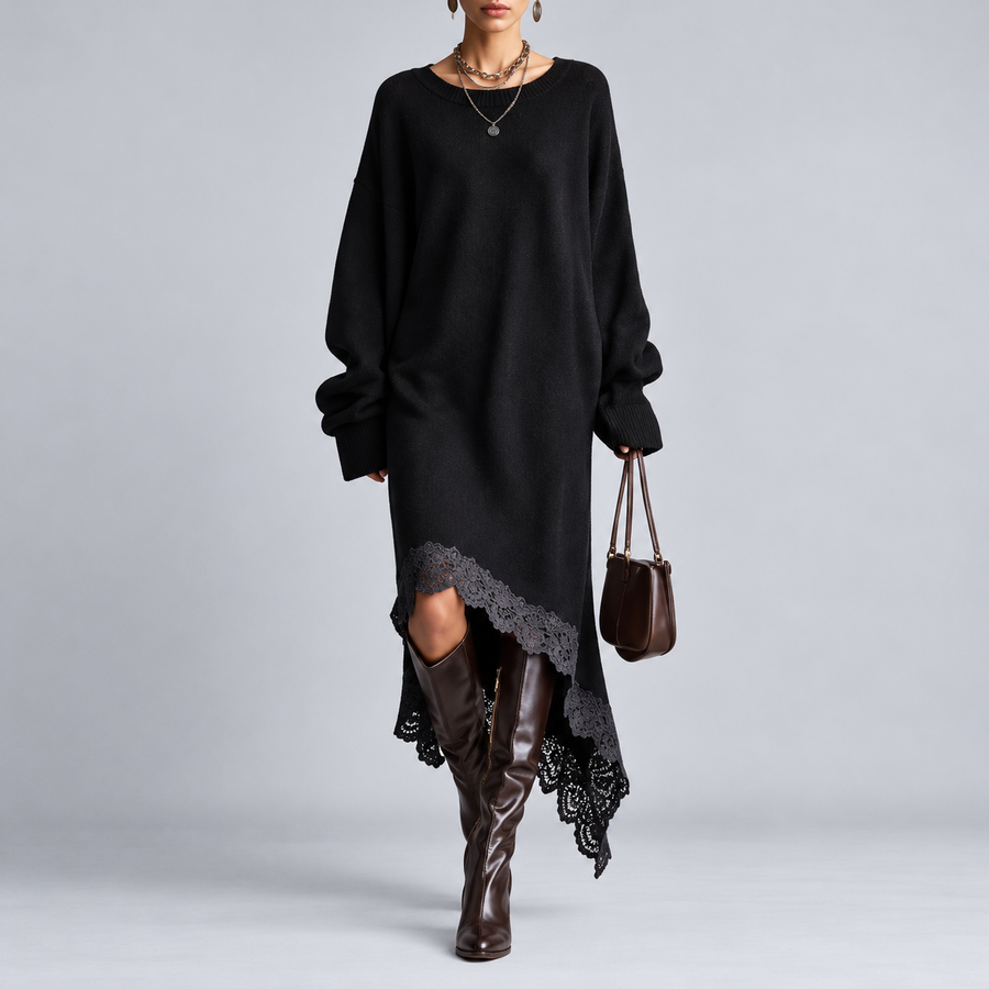Carly™ | Cozy Oversized Lace Hem Dress