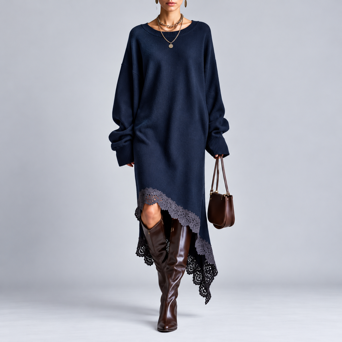 Carly™ | Cozy Oversized Lace Hem Dress
