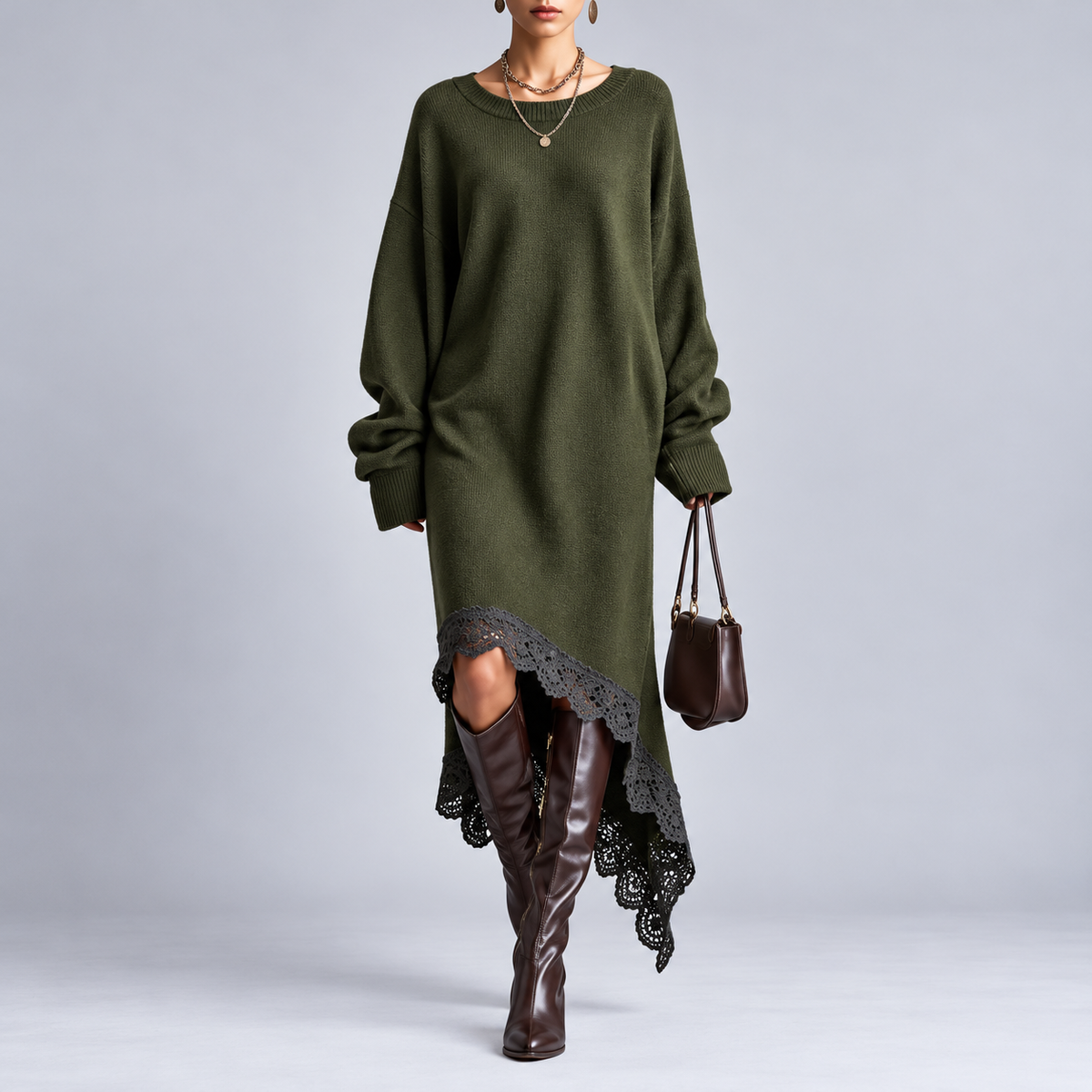 Carly™ | Cozy Oversized Lace Hem Dress