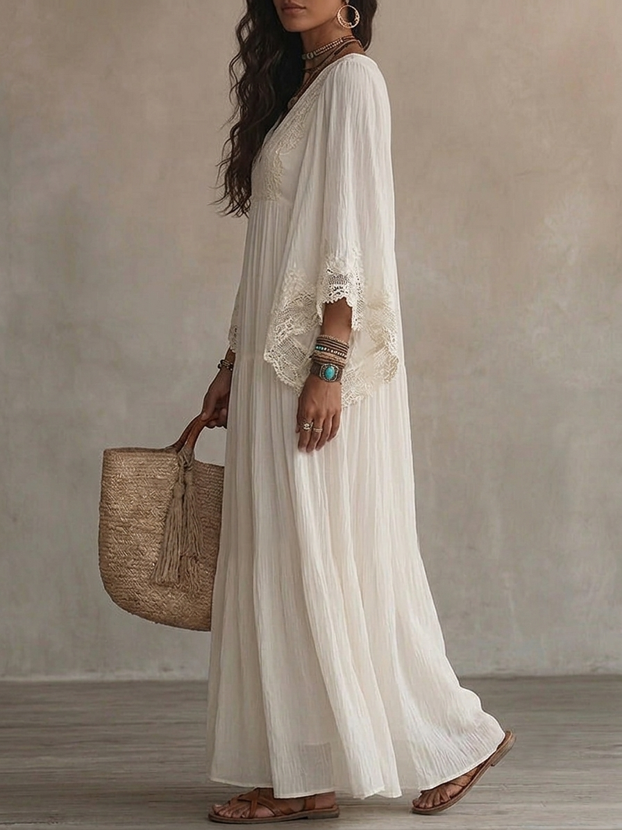 Celeste | Long ivory chiffon dress with batwing sleeves and white lace