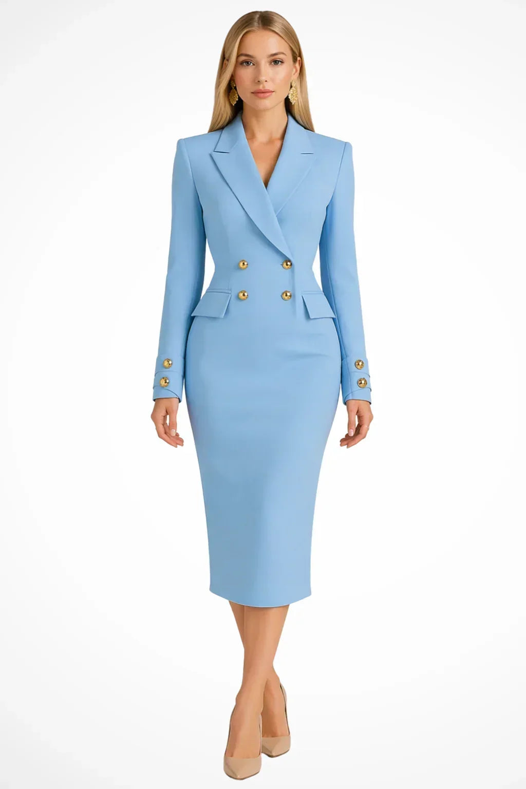 Roberta | Women's Longline Blazer Occasion Midi Dress with Double Breasted Closure and Buttons
